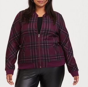 Torrid Burgundy Purple Plaid Brushed Ponte Bomber Jacket